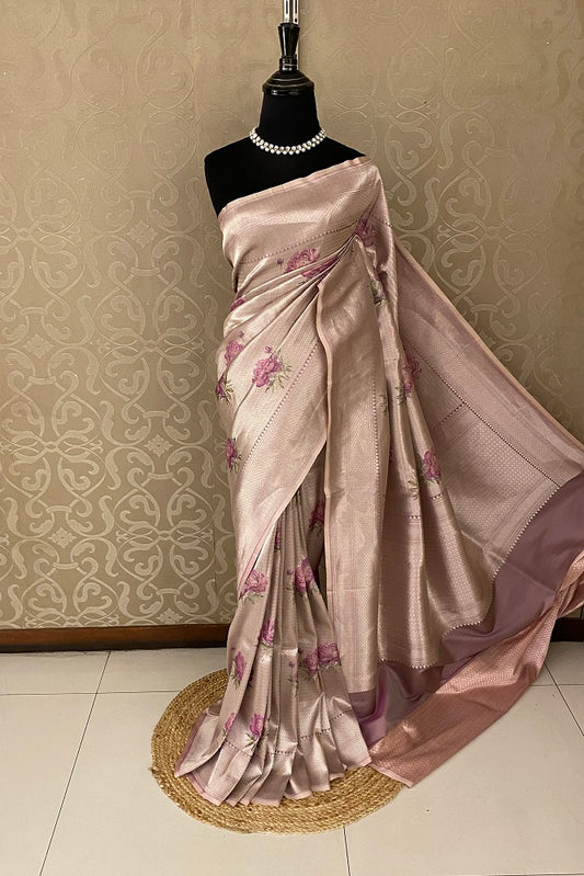 Mauve Pure Banarasi Silk Jamewar Work Saree, With Blouse