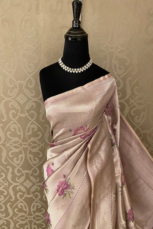 Mauve Pure Banarasi Silk Jamewar Work Saree, With Blouse