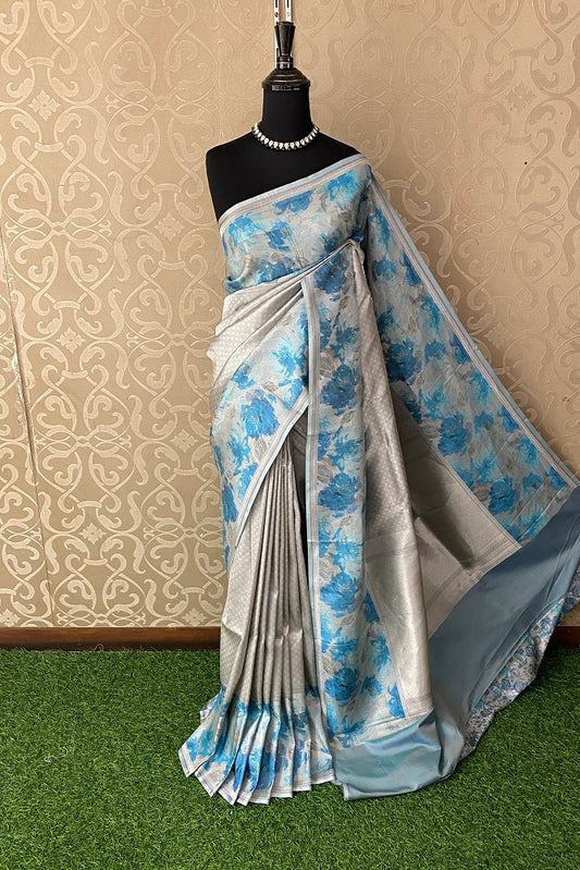 Blue Pure Banarasi Silk Jamewar Work Saree, With Blouse