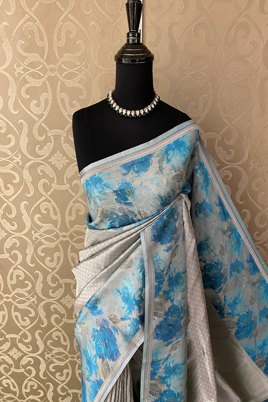 Blue Pure Banarasi Silk Jamewar Work Saree, With Blouse