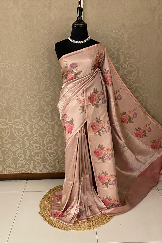 Peach Pure Banarasi Silk Jamewar Work Saree, With Blouse