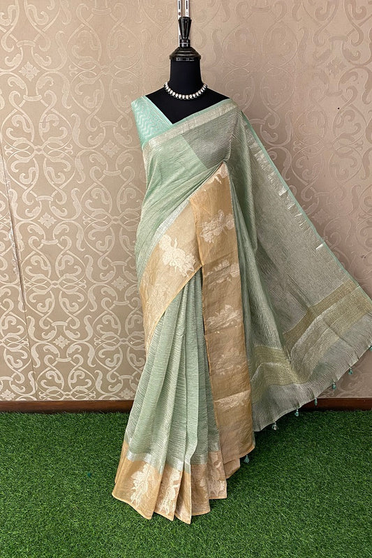 Pastle green Crush Tissue Banarasi Saree, With Blouse Piece