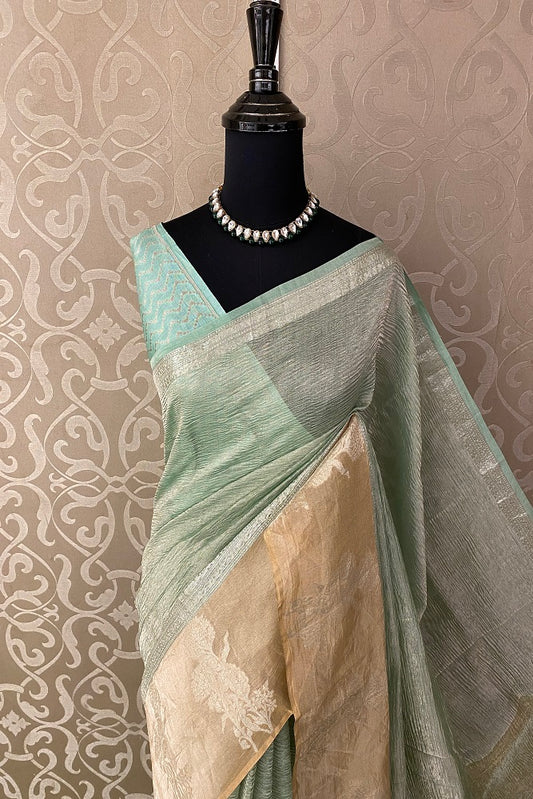 Pastle green Crush Tissue Banarasi Saree, With Blouse Piece