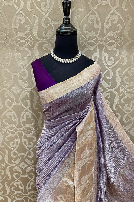 Purple Crush Tissue Banarasi Saree, With Blouse Piece