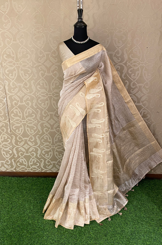 Rose Gold Crush Tissue Banarasi Saree, With Blouse Piece