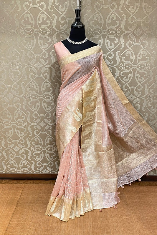 Peach Crush Tissue Banarasi Saree, With Blouse Piece