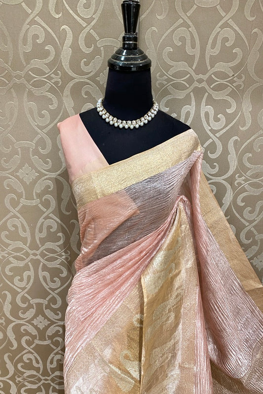 Peach Crush Tissue Banarasi Saree, With Blouse Piece