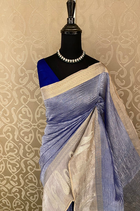 Blue Crush Tissue Banarasi Saree, With Blouse Piece