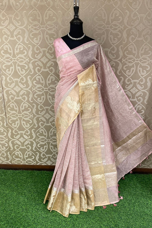 Pink Crush Tissue Banarasi Saree, With Blouse Piece