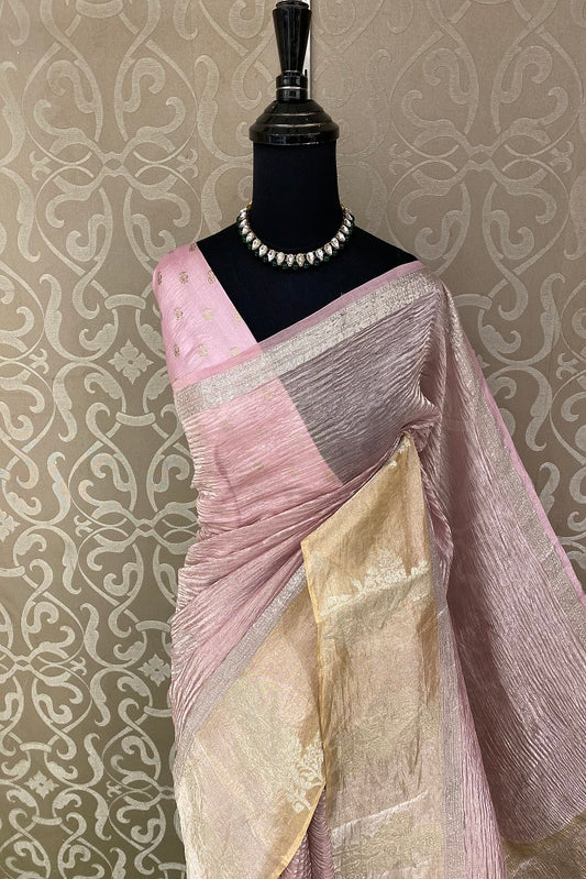 Pink Crush Tissue Banarasi Saree, With Blouse Piece