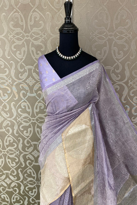 Lavender Crush Tissue Banarasi Saree, With Blouse Piece