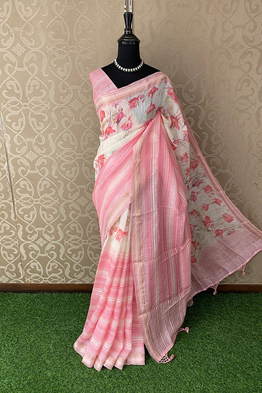 Multi Pink Floral Printed Linen Silk Saree, With Blouse Piece