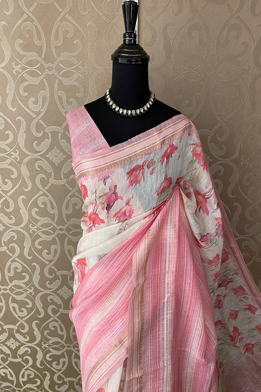 Multi Pink Floral Printed Linen Silk Saree, With Blouse Piece