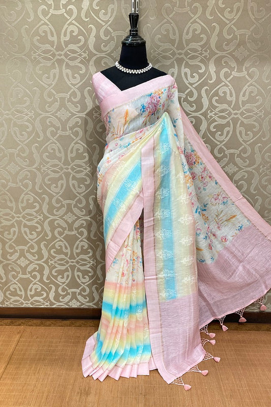 Multi Floral Printed Linen Silk Saree Resham Work, With Blouse Piece