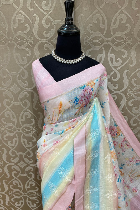 Multi Floral Printed Linen Silk Saree Resham Work, With Blouse Piece
