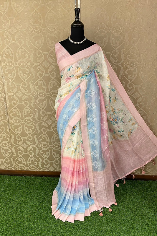 Multi Floral Printed Linen Silk Saree Resham Work, With Blouse Piece