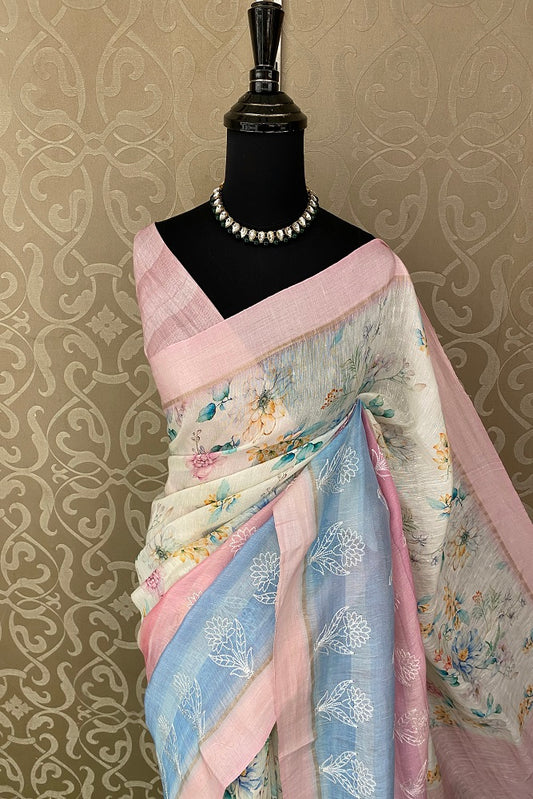 Multi Floral Printed Linen Silk Saree Resham Work, With Blouse Piece
