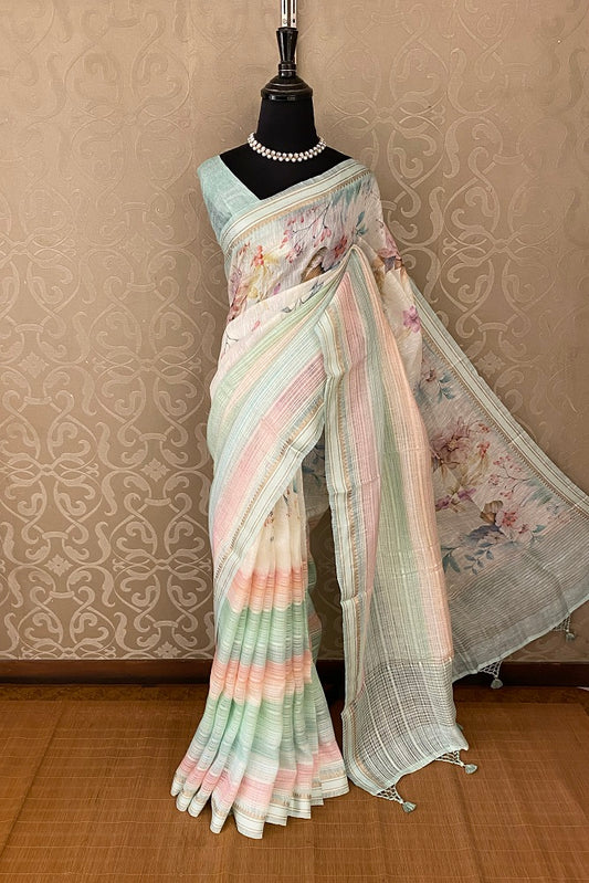 Multi Pink Floral Printed Linen Silk Saree, With Blouse Piece