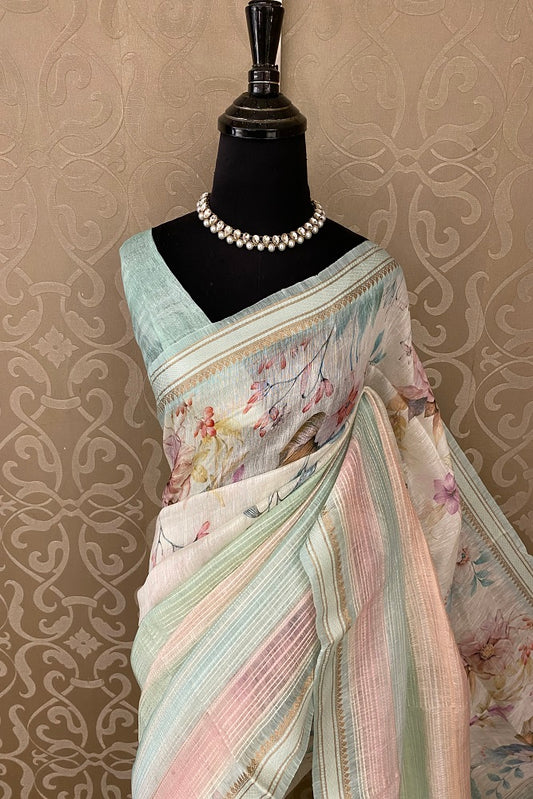 Multi Pink Floral Printed Linen Silk Saree, With Blouse Piece