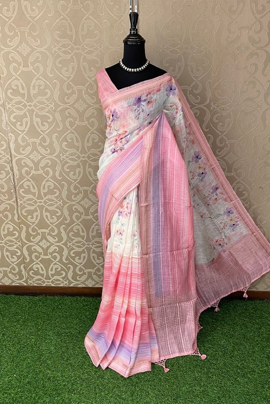 Multi Pink Floral Printed Linen Silk Saree, With Blouse Piece