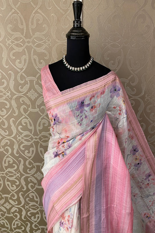 Multi Pink Floral Printed Linen Silk Saree, With Blouse Piece