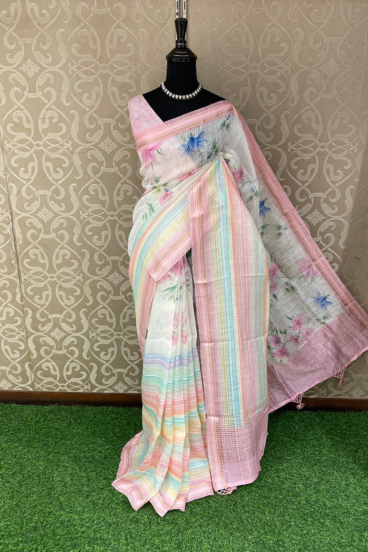 Multi Floral Printed Linen Silk Saree, With Blouse Piece
