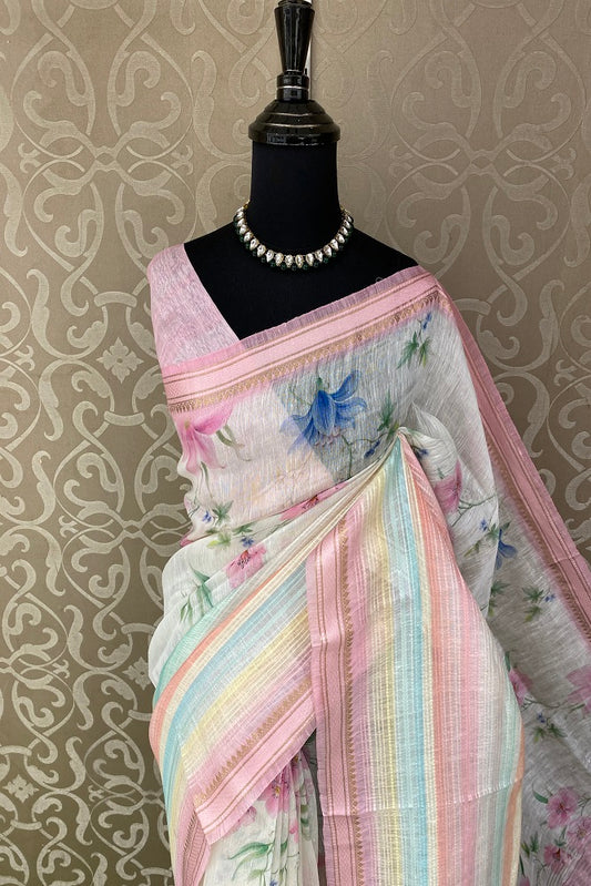 Multi Floral Printed Linen Silk Saree, With Blouse Piece