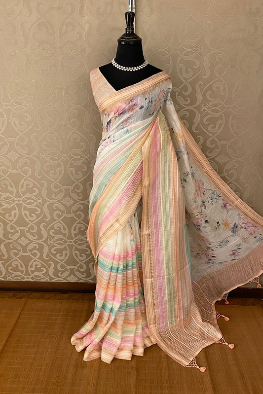 Multi Floral Printed Linen Silk Saree, With Blouse Piece