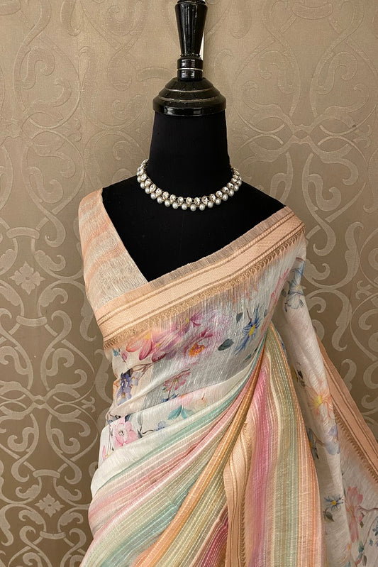 Multi Floral Printed Linen Silk Saree, With Blouse Piece