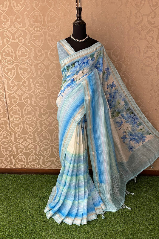 Multi Floral Printed Linen Silk Saree, With Blouse Piece