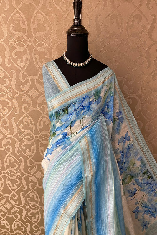 Multi Floral Printed Linen Silk Saree, With Blouse Piece