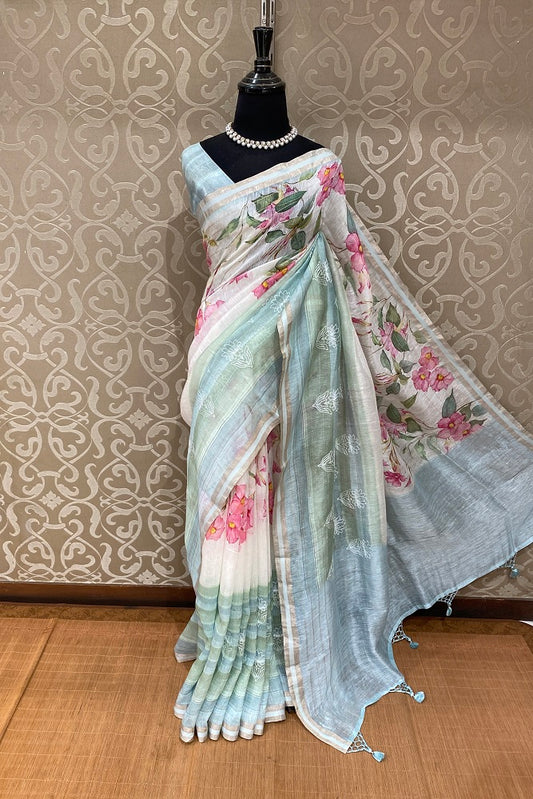 Multi Floral Printed Linen Silk Saree Resham Work, With Blouse Piece
