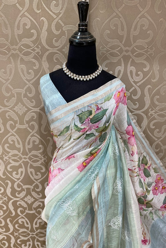 Multi Floral Printed Linen Silk Saree Resham Work, With Blouse Piece