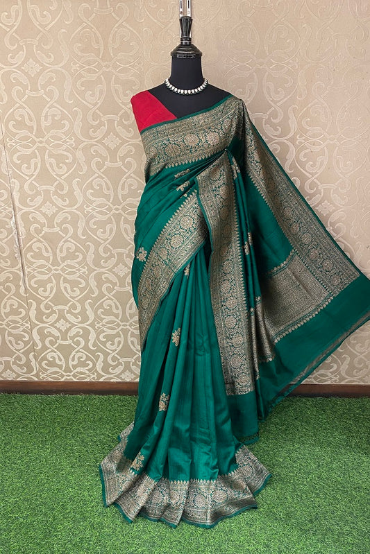 Green Pure Raw Tussar Banarasi Silk Saree, Hand Woven Motifs With Blouse