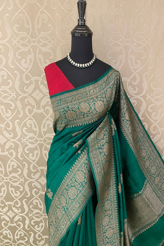 Green Pure Raw Tussar Banarasi Silk Saree, Hand Woven Motifs With Blouse