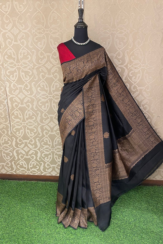 Black Pure Raw Tussar Banarasi Silk Saree, Hand Woven Motifs With Blouse