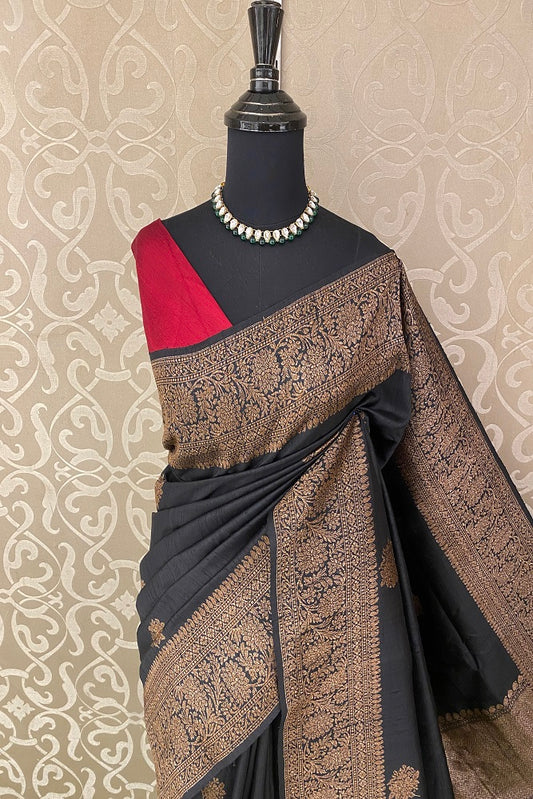 Black Pure Raw Tussar Banarasi Silk Saree, Hand Woven Motifs With Blouse