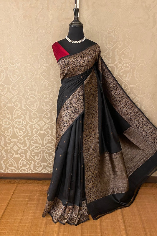 Black Pure Raw Tussar Banarasi Silk Saree, Hand Woven Motifs With Blouse