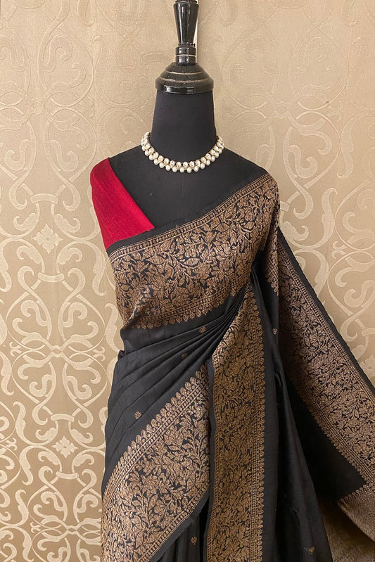 Black Pure Raw Tussar Banarasi Silk Saree, Hand Woven Motifs With Blouse