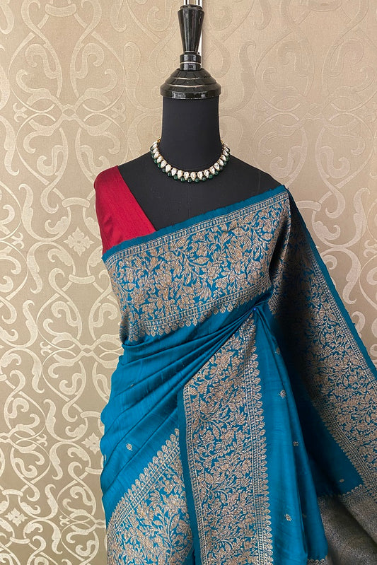 Blue Pure Raw Tussar Banarasi Silk Saree, Hand Woven Motifs With Blouse