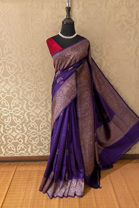 Purple Pure Raw Tussar Banarasi Silk Saree, Hand Woven Motifs With Blouse