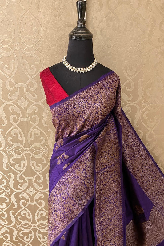 Purple Pure Raw Tussar Banarasi Silk Saree, Hand Woven Motifs With Blouse