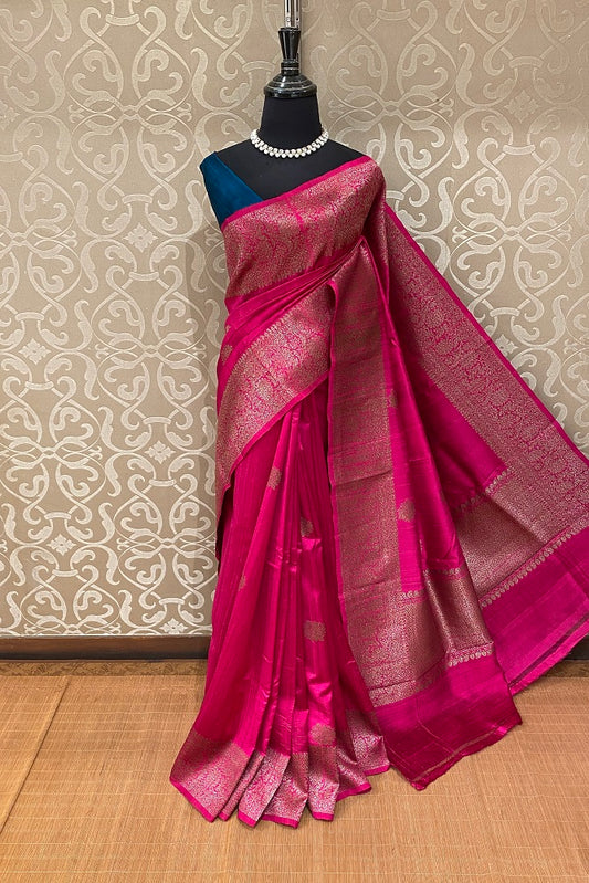 Pink Pure Raw Tussar Banarasi Silk Saree, Hand Woven Motifs With Blouse