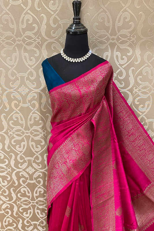 Pink Pure Raw Tussar Banarasi Silk Saree, Hand Woven Motifs With Blouse