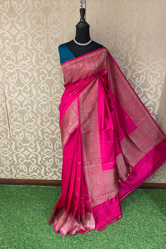 Pink Pure Raw Tussar Banarasi Silk Saree, Hand Woven Motifs With Blouse