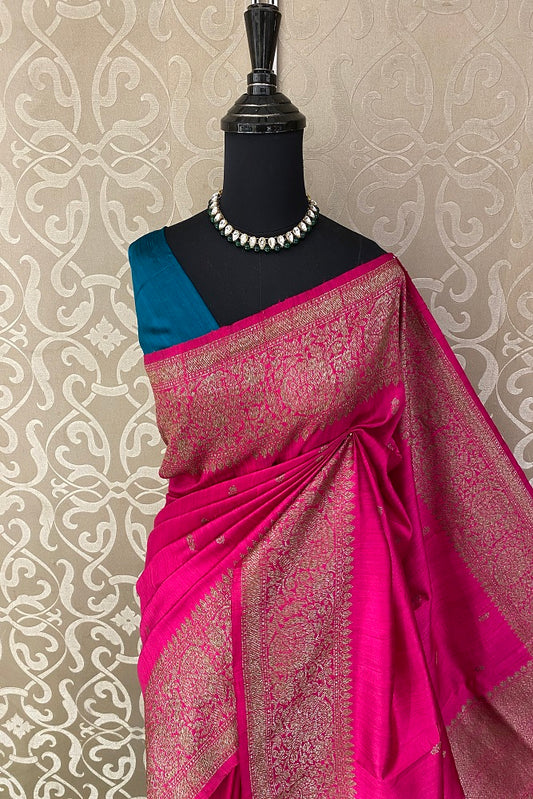 Pink Pure Raw Tussar Banarasi Silk Saree, Hand Woven Motifs With Blouse