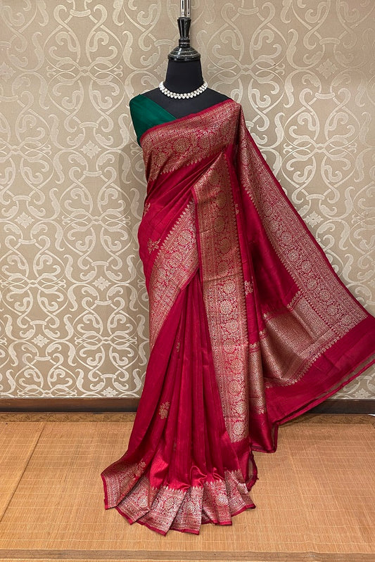 Red Pure Raw Tussar Banarasi Silk Saree, Hand Woven Motifs With Blouse