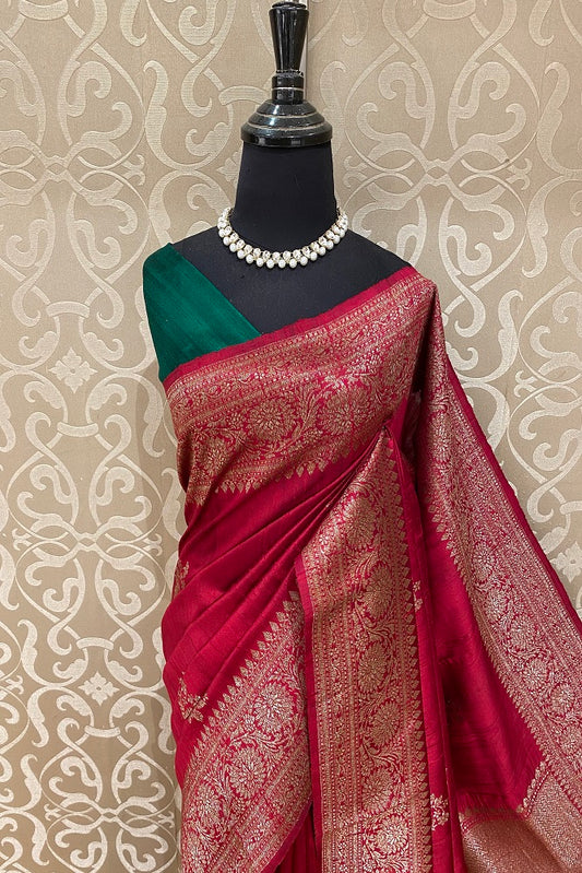 Red Pure Raw Tussar Banarasi Silk Saree, Hand Woven Motifs With Blouse