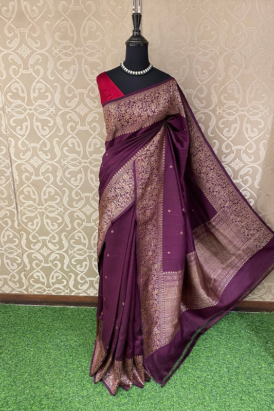 Wine Pure Raw Tussar Banarasi Silk Saree, Hand Woven Motifs With Blouse
