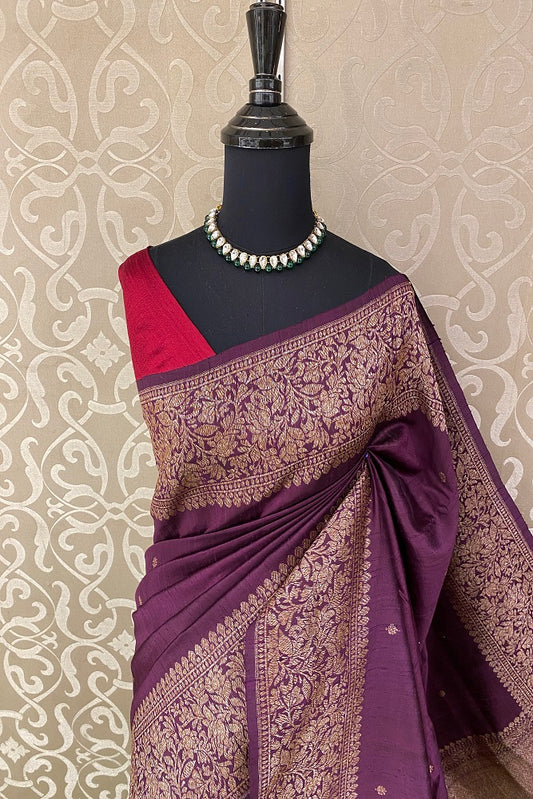 Wine Pure Raw Tussar Banarasi Silk Saree, Hand Woven Motifs With Blouse